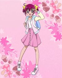 Rule 34 | 1girl, ahoge, backpack, bag, drill hair, full body, highres, hoshizora miyuki, jacket, official art, open clothes, open jacket, open mouth, pink eyes, pink footwear, pink hair, pink skirt, precure, precure connection puzzlun, shoes, skirt, smile, smile precure!, sneakers, solo, third-party source, twin drills