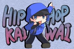Rule 34 | 1girl, arm up, azukilib, baseball cap, black hair, black hat, black pants, blue background, blue eyes, blue ribbon, blue sweater, chibi, chibi only, drawstring, drop shadow, english text, female focus, flat chest, full body, grey footwear, hair ribbon, hand up, hat, holding, holding microphone, hood, hood up, hooded sweater, leaning forward, legs apart, link! like! love live!, long hair, long sleeves, looking at viewer, love live!, microphone, mixed-language text, murano sayaka, music, open mouth, outstretched arm, pants, pocket, ribbon, romaji text, shoes, sidelocks, singing, solo, standing, sweater, text background, text focus, track pants, translation request, twintails