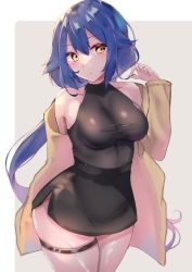 Rule 34 | 1girl, bare shoulders, black dress, blue hair, blush, dress, female focus, highres, jacket, long hair, looking at viewer, ponytail, racket ti1, short hair, solo, thighs, wide hips, yellow eyes