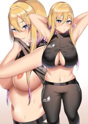 Rule 34 | 1girl, absurdres, azur lane, bare arms, bare shoulders, blonde hair, blue eyes, breasts, cleavage, cleavage cutout, clothes lift, clothing cutout, gachimuchi pants wrestling, hair ornament, hairclip, highres, j.moon, large breasts, long hair, looking at viewer, marblehead (azur lane), marblehead (boxing girl!) (azur lane), multicolored hair, multiple views, nipples, shirt, shirt lift, sleeveless, smile, sweatdrop, symbol-shaped pupils, thighhighs, two-tone hair, wrestling (series)