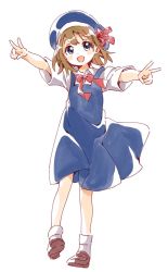 Rule 34 | 1girl, arms up, beret, blue eyes, blush, brown hair, character request, copyright request, double v, dress, full body, hair between eyes, hat, loafers, loose clothes, namori, neck ribbon, open mouth, outstretched arms, pinafore dress, ribbon, school uniform, shoes, short sleeves, sleeveless dress, smile, socks, solo, standing, v, white background, white socks