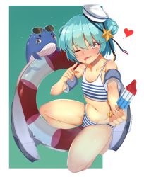 Rule 34 | 1girl, bare arms, bare shoulders, blush, food, hair between eyes, heart, highres, inflatable armbands, kantai collection, little blue whale (kancolle), looking at viewer, midriff, navel, nekokyun, one eye closed, popsicle, samuel b. roberts (kancolle), solo, stomach, swimsuit, thighs, tongue, tongue out, whale, wink