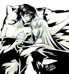 Rule 34 | 00s, 1boy, 1girl, afterglow, armpits, bed, c.c., code geass, couple, creayus, dated, closed eyes, holding hands, hetero, lelouch vi britannia, long hair, lying, monochrome, on back, on side, pillow, short hair, sleeping, yellow theme