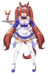 Rule 34 | 1girl, :d, adapted costume, alternate costume, animal ears, antenna hair, apron, blue footwear, breasts, brown hair, cleavage, cleavage cutout, clothing cutout, daiwa scarlet (umamusume), enmaided, full body, garter straps, hair between eyes, hair intakes, highres, horse ears, horse girl, horse tail, large breasts, long hair, long sleeves, looking at viewer, maid, maid headdress, open mouth, parfait, red eyes, simple background, smile, solo, standing, tail, thighhighs, tray, twintails, umamusume, very long hair, vococo, waist apron, white background, white thighhighs