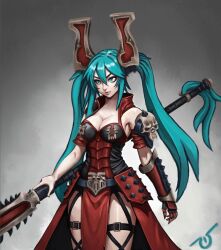 1girl alternate_breast_size armor armored_dress breasts cleavage commentary cosplay cowboy_shot gauntlets hair_ornament hatsune_miku highres holding holding_weapon kharn_the_betrayer kharn_the_betrayer_(cosplay) large_breasts long_hair pelvic_curtain signature single_gauntlet skull solo stellarlupus thigh_strap twintails vocaloid warhammer_40k weapon