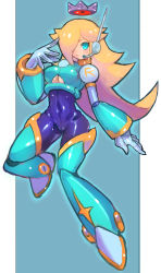 Rule 34 | 1girl, android, blonde hair, blue eyes, bodysuit, breasts, crossover, crown, dakusuta, full body, hair over one eye, headset, highres, long hair, looking at viewer, mario (series), mechanical parts, mega man (series), mega man x (series), microphone, nintendo, rosalina, solo, super mario galaxy, very long hair