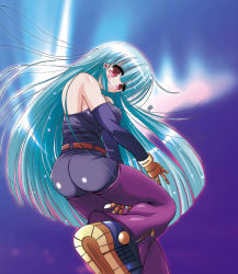 Rule 34 | 1girl, ass, blue hair, blush, breasts, c.r., detached sleeves, kula diamond, large breasts, red eyes, snk, solo, the king of fighters, thighhighs