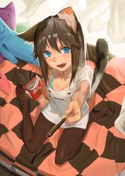 Rule 34 | 1girl, animal ears, animal print, bedroom, black hair, black pantyhose, blue eyes, bra, breasts, cat ears, cat print, cat tail, cleavage, curtains, downblouse, food, foreshortening, from above, head tilt, indoors, kare huang, long hair, looking at viewer, looking up, no pants, on bed, open mouth, original, outstretched hand, pantyhose, pocky, reaching, reaching towards viewer, shirt, sitting, small breasts, smile, solo, stuffed toy, sunlight, t-shirt, tail, underwear, wariza