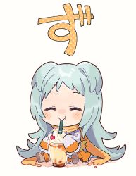 Rule 34 | 1girl, :t, ^ ^, blue hair, blush stickers, brown scarf, cherry, chibi, closed eyes, closed mouth, cup, disposable cup, drinking straw, closed eyes, facing viewer, food, forehead, fruit, holding, holding cup, jacket, long hair, long sleeves, miyako (princess connect!), orange skirt, princess connect!, princess connect!, scarf, shadow, sitting, skirt, sleeves past fingers, sleeves past wrists, solo, translation request, two side up, uso (ameuzaki), very long hair, white background, white jacket