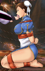 Rule 34 | 2girls, absurdres, arms behind back, ass, barefoot, bdsm, body blush, bondage, bound, bound ankles, bound arms, bound legs, bound wrists, breasts, brown eyes, brown hair, bun cover, capcom, chain, chinese clothes, chun-li, double bun, foot on another&#039;s face, from side, gag, gagged, hair bun, han juri, highres, improvised gag, kneeling, large breasts, legs, long legs, lost one zero, multiple girls, nail polish, seiza, short hair, sitting, street fighter, sweat, tape, tape bondage