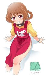 Rule 34 | 1girl, apron, blush, braid, brown hair, clenched teeth, delicious party precure, hanamichi ran, highres, legs, looking at viewer, precure, red apron, shirt, short hair, simple background, sitting, smile, solo, teeth, white background, yellow shirt, yoban