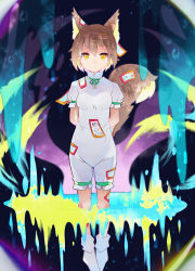 Rule 34 | 1girl, animal ear fluff, animal ears, arms behind back, blonde hair, breasts, expressionless, fox ears, fox tail, green ribbon, hair between eyes, highres, jumpsuit, knees, kudamaki tsukasa, looking at viewer, ofuda, ofuda on clothes, puffy short sleeves, puffy sleeves, ra mun5239, ribbon, short hair, short sleeves, small breasts, socks, solo, tail, touhou, unconnected marketeers, white jumpsuit, yellow eyes