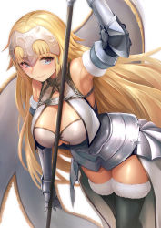 Rule 34 | 1girl, absurdres, akita hika, armor, armpits, bad id, bad pixiv id, black thighhighs, blonde hair, breasts, cleavage, detached sleeves, fate/apocrypha, fate (series), fur trim, gauntlets, grey eyes, highres, jeanne d&#039;arc (fate), jeanne d&#039;arc (ruler) (fate), jeanne d&#039;arc (third ascension) (fate), large breasts, leaning forward, long hair, looking at viewer, simple background, smile, solo, thighhighs, very long hair, weapon, white background