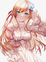 Rule 34 | 1girl, blue eyes, clothing cutout, collarbone, dress, final fantasy, final fantasy xiv, flower, hair flower, hair ornament, hair ribbon, tucking hair, hand up, highres, hyur, long hair, long sleeves, looking at viewer, nehan (gedatsu nehan), open mouth, orange hair, puffy long sleeves, puffy sleeves, ribbon, ryne waters, shoulder cutout, simple background, smile, solo, upper body, white background, white dress