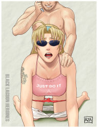 Rule 34 | 1boy, 1girl, ahoge, all fours, azasuke, black lagoon, blonde hair, clothed female nude male, clothed sex, clothes pull, covered erect nipples, doggystyle, eda (black lagoon), hairband, hetero, highres, long hair, miniskirt, nude, open mouth, panties, panty pull, sex, sex from behind, skirt, skirt pull, sunglasses, tank top, tattoo, text focus, underwear, vaginal