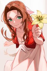Rule 34 | 1girl, absurdres, aerith gainsborough, braid, braided ponytail, breasts, brown eyes, brown hair, cleavage, collarbone, cropped jacket, dress, final fantasy, final fantasy vii, flower, hair ribbon, highres, holding, holding flower, jacket, leaning forward, long hair, looking at viewer, medium breasts, pink ribbon, red jacket, ribbon, smile, solo, temoc, white background, white dress