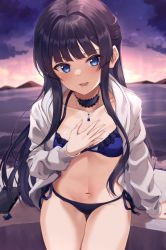 Rule 34 | 1girl, absurdres, bikini, black hair, blue bikini, blue choker, blue eyes, blurry, breasts, choker, commentary request, depth of field, half updo, hand on own chest, highres, idolmaster, idolmaster million live!, jacket, jewelry, kurousagi yuu, long hair, looking at viewer, mogami shizuka, navel, necklace, open clothes, open jacket, open mouth, outdoors, phone, side-tie bikini bottom, sidelocks, sitting, small breasts, smile, solo, stomach, swimsuit, thigh gap, thighs, twilight, white jacket