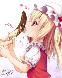 Rule 34 | 1girl, ascot, blonde hair, chocolate banana, flandre scarlet, food, haryuu (poetto), hat, hat ribbon, highres, licking, long hair, mob cap, profile, puffy short sleeves, puffy sleeves, red eyes, red ribbon, ribbon, sexually suggestive, short sleeves, simple background, solo focus, touhou, upper body, very long hair