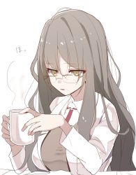 Rule 34 | 10s, 1girl, breasts, brown eyes, brown hair, brown sweater, coffee mug, collared shirt, cup, futaba rio, glasses, hair between eyes, holding, holding cup, lab coat, large breasts, long sleeves, looking at viewer, mug, parted lips, red neckwear, seishun buta yarou, shirousa, shirt, solo, steam, sweater, upper body, white shirt