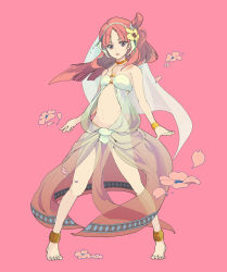 Rule 34 | 1girl, ankle cuffs, anklet, bangle, bare legs, barefoot, bottomless, bracelet, breasts, cleavage, dress, feet, flower, full body, groin, harem outfit, jewelry, magi the labyrinth of magic, morgiana, navel, necklace, o-ring, o-ring top, ornament, red hair, see-through, simple background, solo