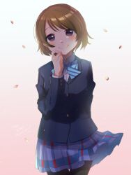 Rule 34 | 1girl, arm behind back, black pantyhose, blazer, blue bow, blue bowtie, blue jacket, blue skirt, bow, bowtie, brown hair, buttoned cuffs, buttons, closed mouth, collared shirt, commentary, falling petals, hand on own cheek, hand on own face, happy birthday, highres, jacket, koizumi hanayo, long sleeves, looking at viewer, love live!, otonokizaka school uniform, pantyhose, petals, plaid, plaid skirt, pleated skirt, purple eyes, school uniform, shirt, short hair, skirt, smile, solo, standing, striped bow, striped bowtie, striped clothes, umezu 8989, white shirt, wing collar, winter uniform