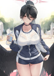 Rule 34 | 1girl, absurdres, adjusting clothes, adjusting shorts, aya san, black choker, black hair, black wings, blue archive, blurry, blurry background, blush, bottle, bra, bra visible through clothes, breasts, choker, collarbone, commentary request, cowboy shot, feathered wings, gym shirt, gym shorts, hair between eyes, hair bun, halo, hasumi (blue archive), hasumi (track) (blue archive), highres, holding, holding bottle, jacket, large breasts, large wings, long bangs, long hair, long sleeves, looking at viewer, low wings, making-of available, mole, mole under eye, official alternate costume, outdoors, partially unzipped, red eyes, see-through, see-through shirt, shirt, short shorts, shorts, solo, straight-on, sweat, thigh gap, track jacket, underwear, very long hair, water bottle, wings