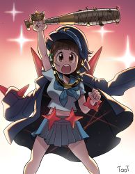 Rule 34 | 1girl, arm up, artist name, baseball bat, blue sailor collar, blue skirt, bracelet, brown eyes, brown hair, character name, clenched hand, commentary request, hat, highres, holding, holding weapon, jacket, jacket on shoulders, jewelry, kill la kill, life fiber, mankanshoku mako, nail, nail bat, open mouth, pleated skirt, sailor collar, shadow, short hair, short sleeves, skirt, solo, star (symbol), stomach, teeth, toot, upper teeth only, weapon