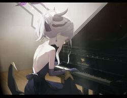 Rule 34 | 1girl, absurdres, back, bare shoulders, blue archive, demon horns, demon wings, dress, earrings, grand piano, grey hair, hair up, halo, highres, hina (blue archive), hina (dress) (blue archive), horns, instrument, jewelry, kyatto-mikazu, long hair, low wings, music, piano, playing instrument, playing piano, purple dress, sitting, solo, wings