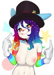 Rule 34 | 1girl, :q, bad id, bad twitter id, blush, blush stickers, breasts, breasts squeezed together, clown, colored skin, cupcake (yoako), ears through headwear, elbow gloves, furry, furry female, gloves, gradient hair, hands up, hat, index fingers raised, large breasts, layered gloves, long hair, looking at viewer, multicolored hair, nipples, original, purple hair, rainbow gradient, red eyes, smile, solo, star-shaped pupils, star (symbol), symbol-shaped pupils, tongue, tongue out, top hat, upper body, white gloves, white skin, yoako
