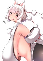 Rule 34 | 1girl, animal ear fluff, animal ears, armpit crease, armpits, blush, breasts, brown eyes, fang, hanging breasts, hat, highres, inubashiri momiji, large breasts, looking to the side, midriff, navel, no bra, open mouth, plump, pom pom (clothes), red hat, shishi juuroku, short hair, simple background, solo, tokin hat, touhou, underboob, white background, white hair, wolf ears, wolf girl