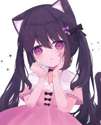 Rule 34 | 1girl, absurdres, animal ears, bandaid, bandaid on cheek, bandaid on face, bow, cat ears, cat girl, cat tail, choker, collared dress, dress, dress bow, future c0v0c, hair bow, hair ribbon, hands on own cheeks, hands on own face, heart, heart-shaped pupils, highres, long hair, original, purple eyes, purple hair, ribbon, short sleeves, solo, symbol-shaped pupils, tail, twintails
