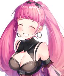 Rule 34 | 1girl, :d, ^ ^, arms behind back, bad id, bad pixiv id, bare shoulders, blush, breasts, cleavage, cleavage cutout, closed eyes, clothing cutout, dress, earrings, closed eyes, facing viewer, fire emblem, fire emblem: three houses, grin, hair ornament, heart, heart hair ornament, highres, hilda valentine goneril, hoop earrings, jewelry, large breasts, long hair, nintendo, open mouth, pink dress, pink hair, ringozaka mariko, simple background, smile, solo, teeth, twintails, upper body, very long hair, white background