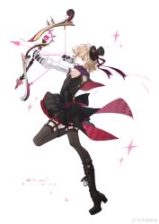 Rule 34 | 1boy, absurdres, archery, arrow (projectile), artist name, bare shoulders, black bow, black footwear, black hat, black shirt, black skirt, black thighhighs, blonde hair, boots, bow, bow (weapon), braid, dated, detached sleeves, drawing bow, french braid, from side, full body, genshin impact, gloves, hair over one eye, hat, hat bow, high heels, highres, holding, holding arrow, holding bow (weapon), holding weapon, knee boots, leg up, long sleeves, looking up, lyney (genshin impact), male focus, mini hat, mini top hat, miniskirt, one eye covered, outstretched arm, platform footwear, puffy long sleeves, puffy sleeves, purple eyes, shirt, short hair, signature, skirt, sleeveless, sleeveless shirt, solo, sparkle, standing, standing on one leg, thighhighs, top hat, trap, weapon, weibo logo, weibo watermark, white background, white gloves, white sleeves, xiaoji chuangzao