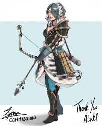 Rule 34 | 1girl, aqua pantyhose, arrow (projectile), boots, bow (weapon), breasts, cm lynarc, commission, fire emblem, fire emblem fates, full body, hair over one eye, highres, holding, holding bow (weapon), holding weapon, japanese clothes, knee boots, medium breasts, nintendo, open mouth, pantyhose, quiver, setsuna (fire emblem), solo, teeth, upper teeth only, weapon, white headdress