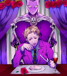 Rule 34 | 1boy, alcohol, bad id, bad pixiv id, blonde hair, cup, drinking glass, fork, formal, highres, jojo no kimyou na bouken, killer queen, kira yoshikage, knife, licking lips, mate bou, necktie, severed hand, stand (jojo), suit, tongue, tongue out, wine, wine glass