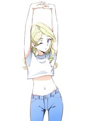 Rule 34 | 10s, 1girl, alternate costume, arms up, blonde hair, blue eyes, cowboy shot, denim, diana cavendish, groin, highres, jeans, little witch academia, midriff, navel, pants, seren lwa, shirt, solo, stretching, t-shirt, white background, white shirt