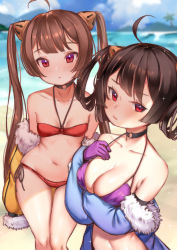 Rule 34 | 2girls, ahoge, azur lane, beach, bikini, black hair, blunt bangs, blurry, breast hold, breasts, brown hair, choker, cleavage, day, depth of field, fur trim, gloves, hair rings, halterneck, hand on own chest, highres, looking at viewer, medium breasts, multiple girls, navel, ning hai (azur lane), ning hai (summer hunger) (azur lane), off shoulder, outdoors, parted lips, ping hai (azur lane), ping hai (summer vacation) (azur lane), purple bikini, purple gloves, red bikini, red eyes, side-tie bikini bottom, skindentation, small breasts, sparkle, sunege (hp0715), swimsuit, thigh gap, thighs, wide hips