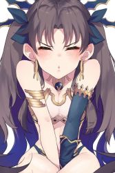 Rule 34 | 1girl, ahoge, armlet, between legs, bikini, black hair, black ribbon, blush, breasts, cleavage, close-up, closed eyes, earrings, elbow gloves, fate/grand order, fate (series), gloves, gold trim, hair ribbon, hand between legs, hoop earrings, incoming kiss, ishtar (fate), jewelry, long hair, mismatched bikini, open mouth, parted bangs, ribbon, single elbow glove, sitting, small breasts, solo, swimsuit, twintails, white background, xmasterfgo