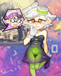 Rule 34 | + +, 2girls, artist name, bare shoulders, black dress, black footwear, black hair, blurry, blurry background, blush, breasts, callie (splatoon), clenched teeth, collarbone, cousins, crotch seam, crying, domino mask, dress, embarrassed, english text, female focus, food, food on head, gloves, green legwear, hand to own mouth, hand up, have to pee, kakuume, leg up, looking down, marie (splatoon), mask, medium breasts, mole, mole under eye, multiple girls, nintendo, nose blush, o o, object on head, open mouth, pantyhose, peeing, peeing self, pointy ears, shoes, short dress, short hair, signature, solo focus, splatoon (series), splatoon 1, standing, standing on one leg, strapless, strapless dress, surprised, sweat, talking, tears, teeth, tentacle hair, tentacles, thigh gap, trembling, turn pale, wavy mouth, wet, wet clothes, white gloves, white hair, x-ray, yellow eyes