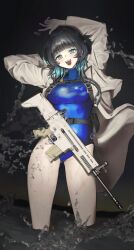 Rule 34 | 1girl, absurdres, aqua eyes, aqua hair, arms up, assault rifle, battle rifle, black hair, breasts, fn scar, gun, highres, in water, jacket, large breasts, long sleeves, looking at viewer, multicolored hair, night, one-piece swimsuit, open mouth, original, rifle, scuba gear, short hair, sixthpaledot, slit pupils, smile, solo, splashing, swimsuit, swimsuit under clothes, teeth, turtleneck, turtleneck one-piece swimsuit, two-tone hair, wading, water, weapon