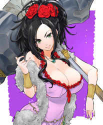 Rule 34 | 1girl, black hair, bracelet, breasts, cleavage, deborah (dq5), dragon quest, dragon quest v, dress, feather boa, flower, green eyes, hair flower, hair ornament, hammer, jewelry, large breasts, looking at viewer, necklace, pink dress, ponytail, rose, simple background, solo, tachikawa negoro, weapon