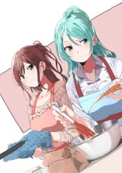 Rule 34 | 2girls, amu (258shin), apron, aqua hair, bag, bang dream!, bare shoulders, blue mittens, book, bowl, brown hair, commentary, cookbook, green eyes, hair between eyes, hikawa sayo, holding, holding book, holding pan, imai lisa, long hair, long sleeves, looking at viewer, looking to the side, mittens, multiple girls, off-shoulder sweater, off shoulder, paper bag, ribbed sweater, shirt, sleeves rolled up, smile, sweater, white shirt