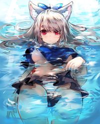 Rule 34 | 1girl, animal ear fluff, animal ears, azur lane, blouse, blue ribbon, blue shirt, braid, breasts, clothes lift, commentary request, crop top, crop top overhang, hair ribbon, highres, lifting own clothes, no bra, panties, red eyes, ribbon, shirt, short eyebrows, side braid, submerged, suru (ksoo420), tattoo, thick eyebrows, underboob, underwear, water, wolf ears, wolf girl, yuudachi (azur lane)