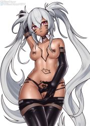 Rule 34 | 1girl, alabama (azur lane), arm up, azur lane, black gloves, black panties, breasts, clothes pull, dark-skinned female, dark skin, detached collar, elbow gloves, facial mark, gloves, grey hair, long hair, medium breasts, navel, nipples, panties, pants, pants pull, pubic tattoo, purple eyes, pussy, slimedrippy, solo, stomach tattoo, tattoo, topless, twintails, twitter username, uncensored, underwear, very long hair