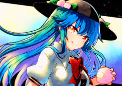 Rule 34 | bad id, bad twitter id, blouse, blue hair, bow, buttons, frills, highres, hinanawi tenshi, long hair, neck ribbon, puffy short sleeves, puffy sleeves, qqqrinkappp, red bow, red eyes, ribbon, shirt, short sleeves, solo, touhou, traditional media, white shirt