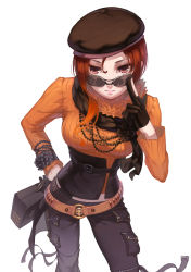 Rule 34 | 1girl, adjusting eyewear, belt, beret, black gloves, bojue yu yaojing 695657, coco adel, corset, cowboy shot, fur trim, gloves, hand on own hip, hat, highres, jewelry, lips, long hair, looking at viewer, looking over eyewear, necklace, orange shirt, pants, red eyes, red hair, ribbed sweater, rwby, scarf, shirt, solo, sunglasses, sweater, white background