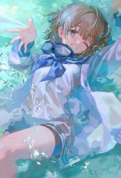 Rule 34 | 1girl, ;d, ahoge, aqua eyes, blue neckerchief, dress, goggles, goggles around neck, grey hair, grin, highres, hlymoriia, idolmaster, idolmaster shiny colors, looking at viewer, lying, neckerchief, on back, one eye closed, open mouth, partially submerged, sailor dress, serizawa asahi, smile, solo, splashing, water, wet, wet clothes, wet hair