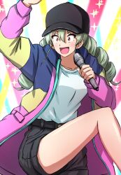 Rule 34 | 1girl, anchovy (girls und panzer), arm up, black ribbon, black shorts, casual, coat, commentary, cosplay, drill hair, girls und panzer, green hair, hair ribbon, highres, holding, holding microphone, knee up, leg up, long hair, microphone, multicolored coat, omachi (slabco), open clothes, open coat, open mouth, paripi koumei, red eyes, ribbon, shirt, short shorts, shorts, smile, solo, sparkle, standing, t-shirt, tsukimi eiko, tsukimi eiko (cosplay), twin drills, twintails, white shirt