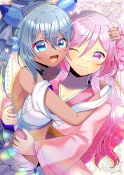 Rule 34 | 2girls, :d, ;), arm up, axolotl ears, axolotl girl, bare shoulders, blue eyes, blush, bow, closed mouth, collarbone, commentary request, commission, dark-skinned female, dark skin, grey hair, hair between eyes, hair bow, hand on another&#039;s head, hug, japanese clothes, kimono, kou hiyoyo, long hair, multiple girls, one eye closed, open mouth, original, pink kimono, ponytail, purple eyes, skeb commission, smile, very long hair, white bow