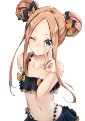 Rule 34 | 1girl, abigail williams (emerald float) (fate), abigail williams (fate), bare shoulders, bikini, black bikini, black bow, blonde hair, blue eyes, blush, bow, breasts, collarbone, double bun, emerald float, fate/grand order, fate (series), forehead, frilled bikini, frills, hair bow, hair bun, hand gesture, long hair, looking at viewer, mayume (polaris quaver), miniskirt, navel, official alternate costume, one eye closed, open mouth, orange bow, parted bangs, polka dot, polka dot bow, simple background, skirt, small breasts, solo, swimsuit, v, white background